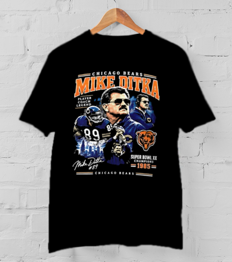 Chicago Bears Mike Ditka 89 Player Coach Legend 1985 Football 2 Sided T-Shirt