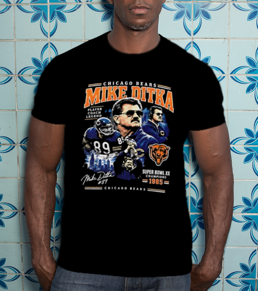 Chicago Bears Mike Ditka 89 Player Coach Legend 1985 Football 2 Sided T-Shirt