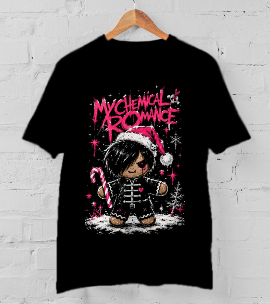 My Chemical Romance Emo Gingerbread Man Pink Christmas Parade With Candy Cane Santa Hat T-Shirt