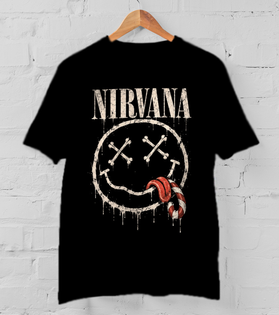 Nirvana Skeleton Smiley Candy Cane Christmas For Grunge Rock Lovers T-Shirt