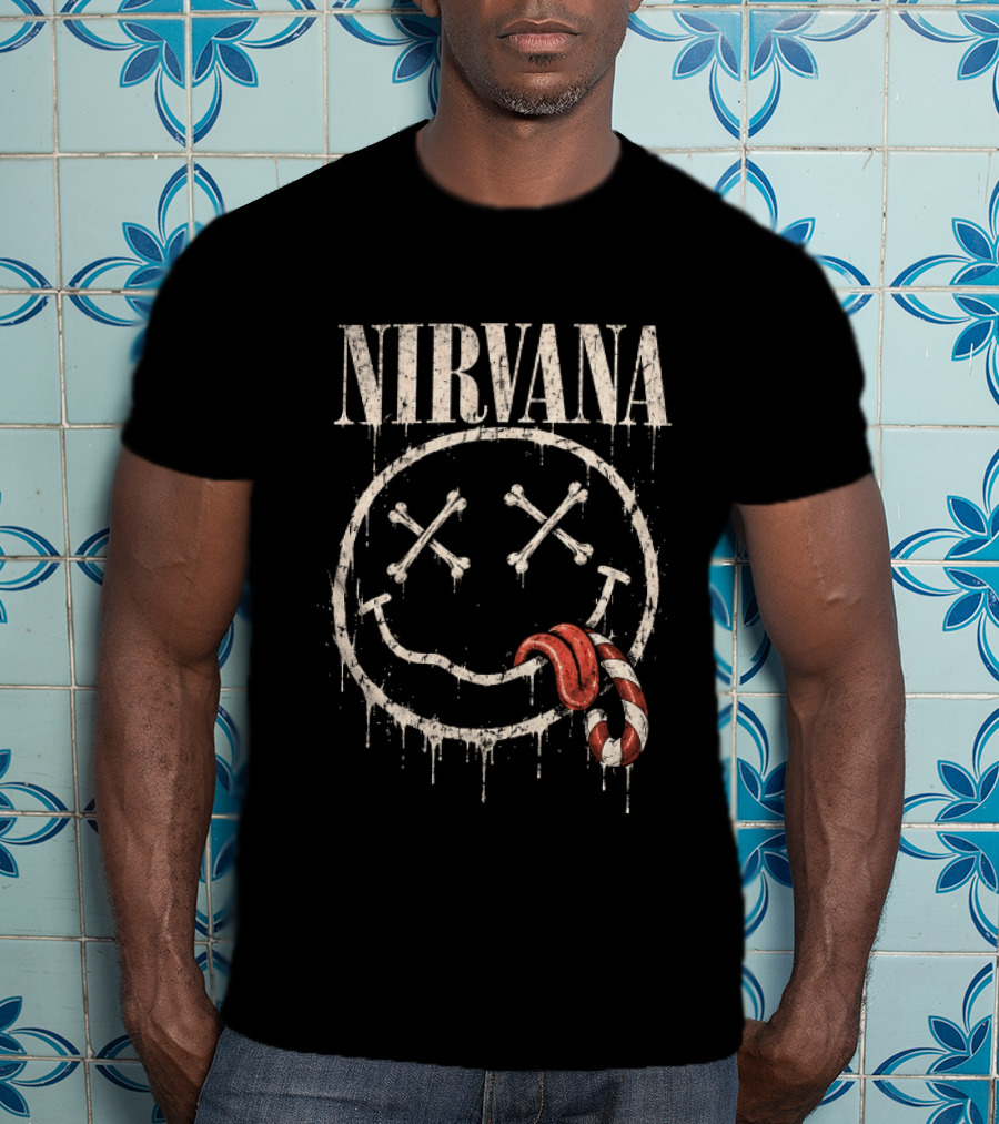 Nirvana Skeleton Smiley Candy Cane Christmas For Grunge Rock Lovers T-Shirt