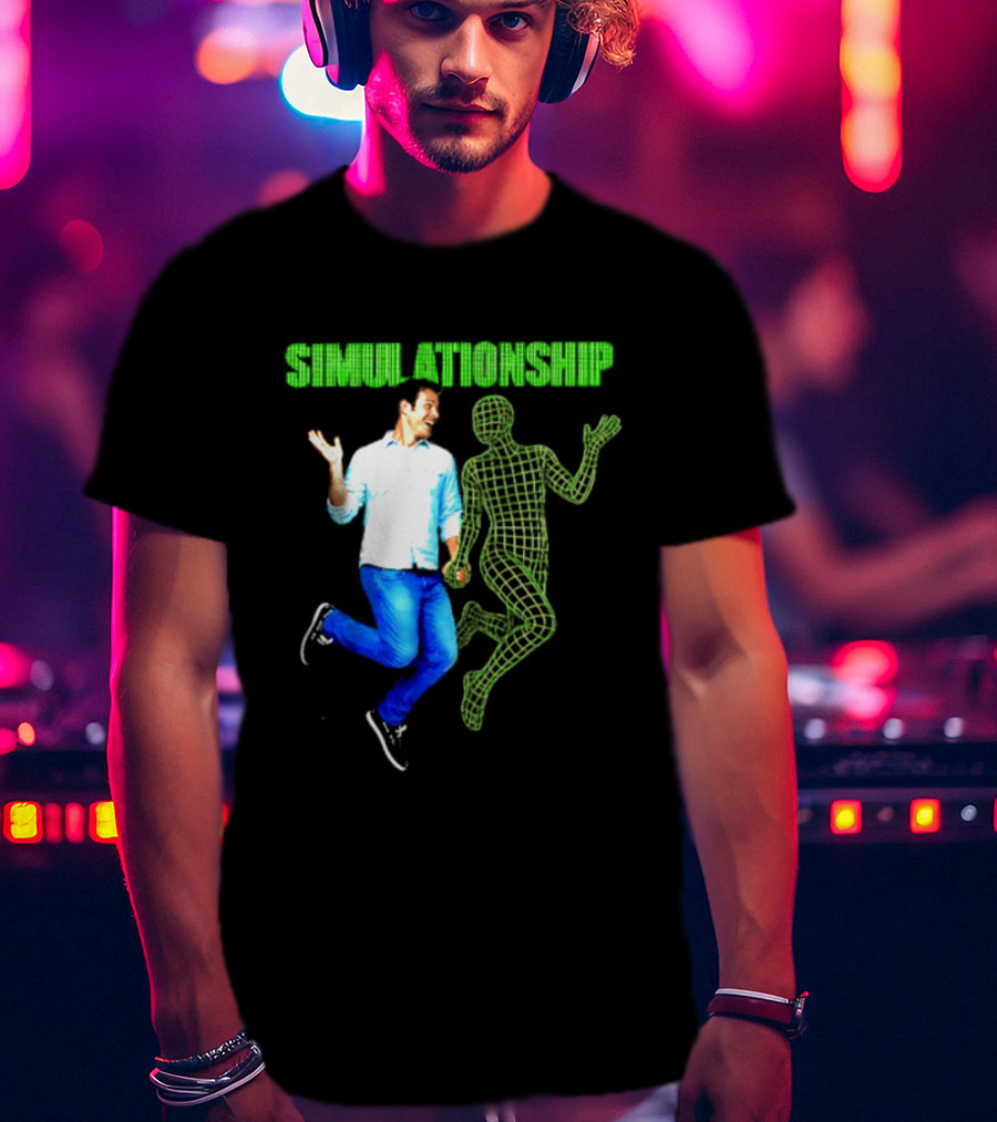 Simulationship Simulation Glitch Digital Jumping Man And Wireframe Figure T-Shirt