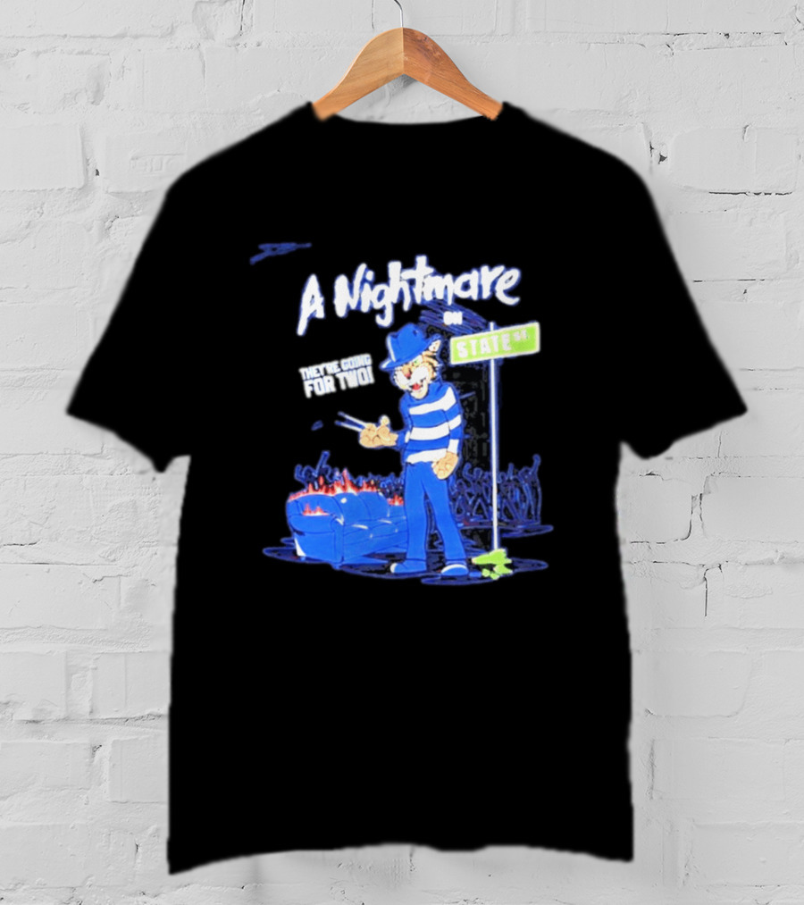 A Nightmare On State St They're Going For Two Cat Character In Blue And White Stripes T-Shirt