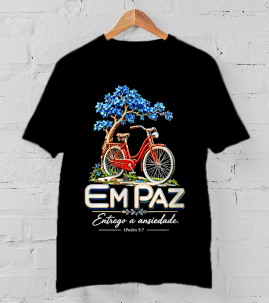 Em Paz Entrego A Ansiedade 1 Pedro 5 7 Bicicleta Árvore Flores Azuis T-Shirt