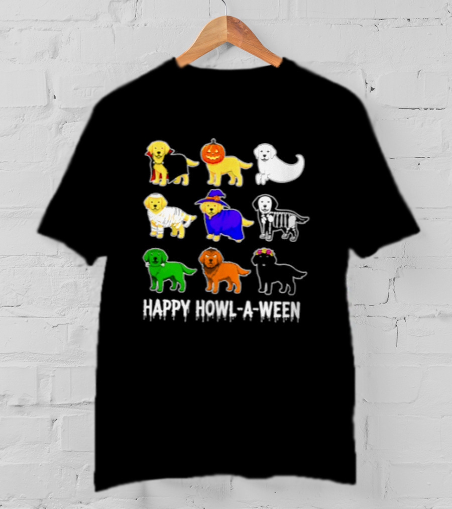 Happy Howl A Ween Dogs Halloween 2026 Pumpkin Witch Skeleton Costumes T-Shirt