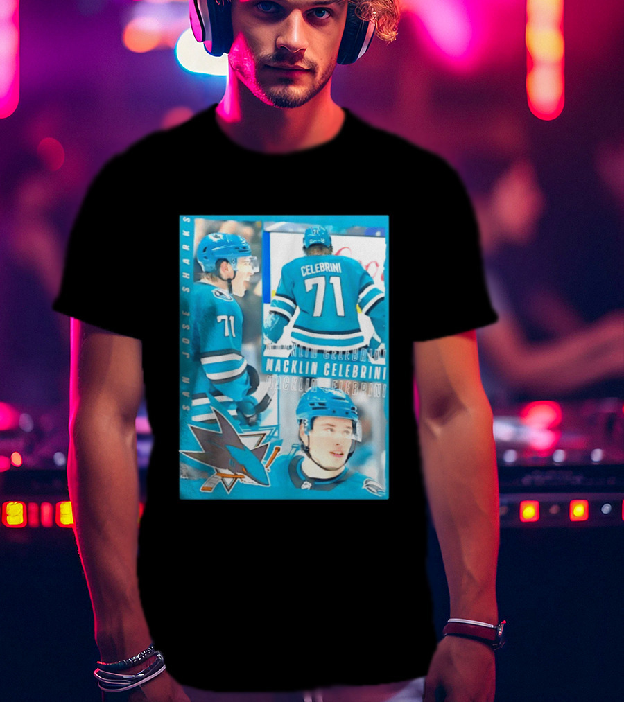 San Jose Sharks Macklin Celebrini 71 NHL 2026 All For One T-Shirt