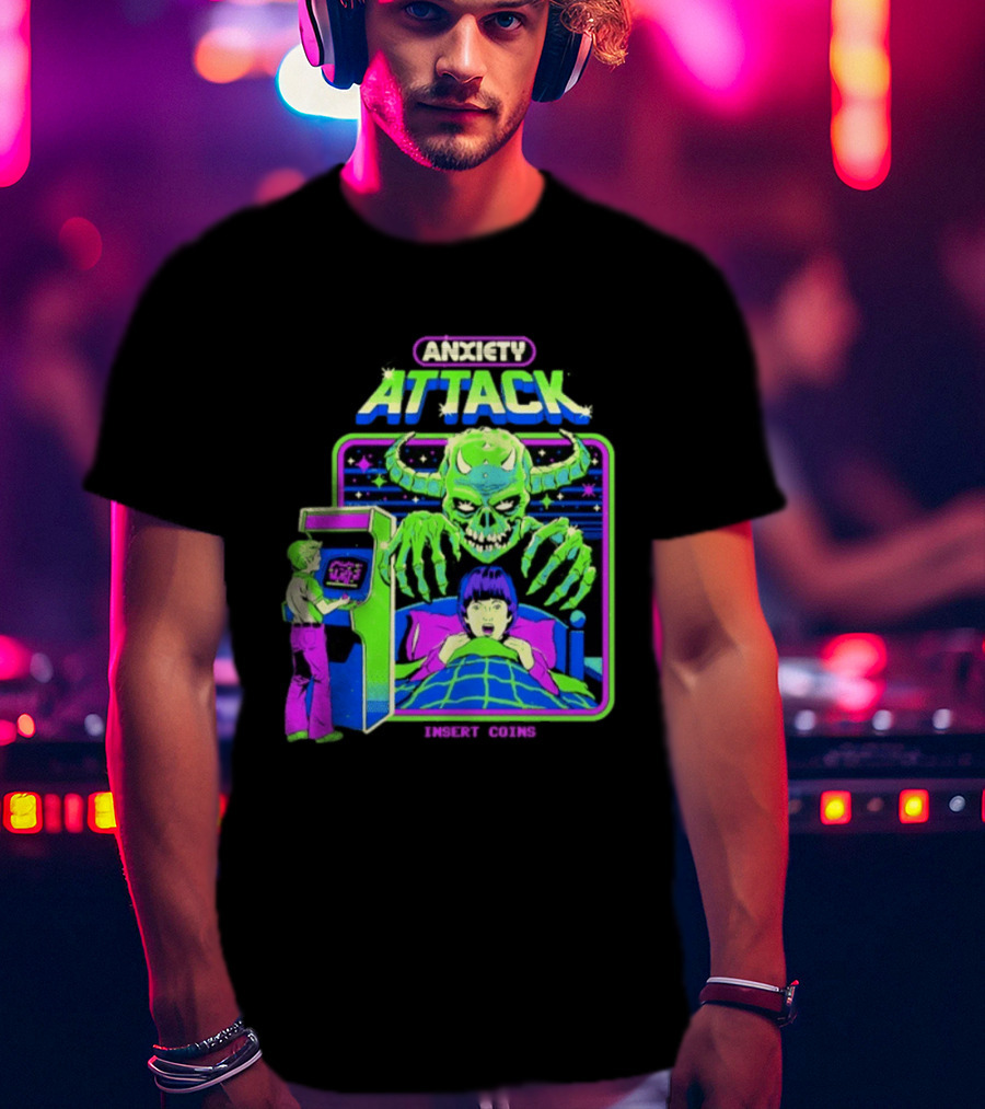 Retro Anxiety Attack Arcade Game Monster Steven Rhodes T-Shirt
