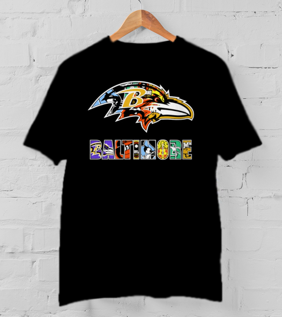 Baltimore Ravens Colorful Collage Art Ravens Head T-Shirt