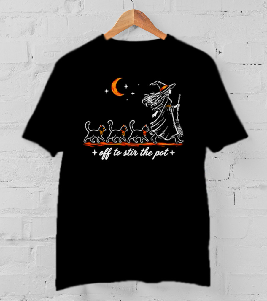 Off To Stir The Pot Witch Black Cats Halloween Moon Magic T-Shirt