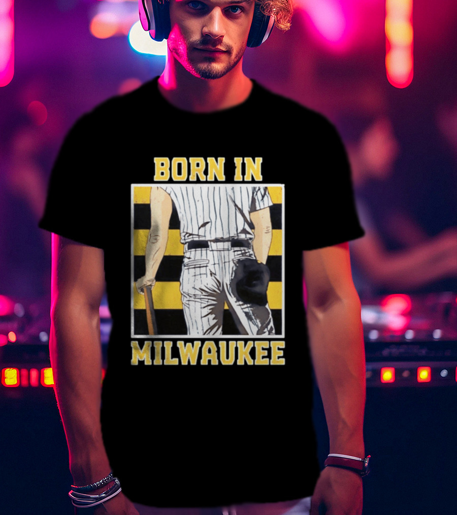 Born In Milwaukee Baseball Vintage Stripes Player Holding Cap T-Shirt