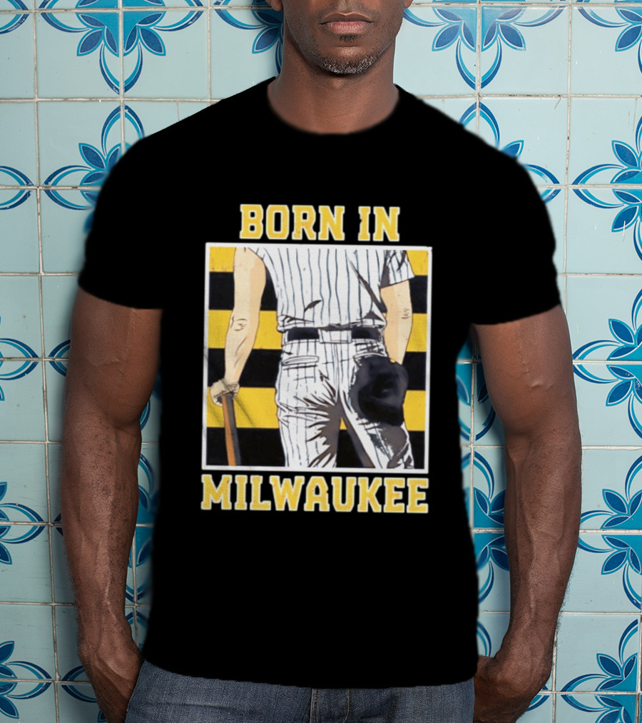 Born In Milwaukee Baseball Vintage Stripes Player Holding Cap T-Shirt