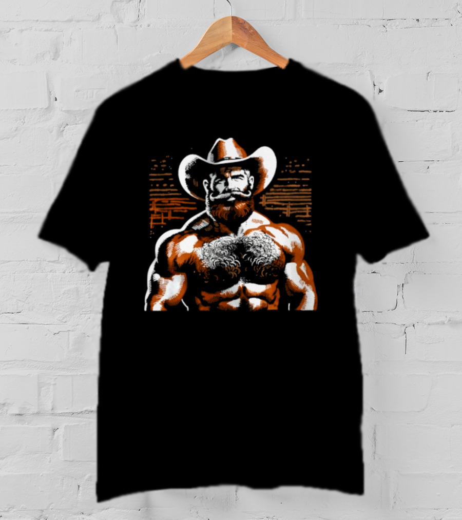 Hairy Cowboy Western Mustache Bearded Man Muscular Rancher T-Shirt