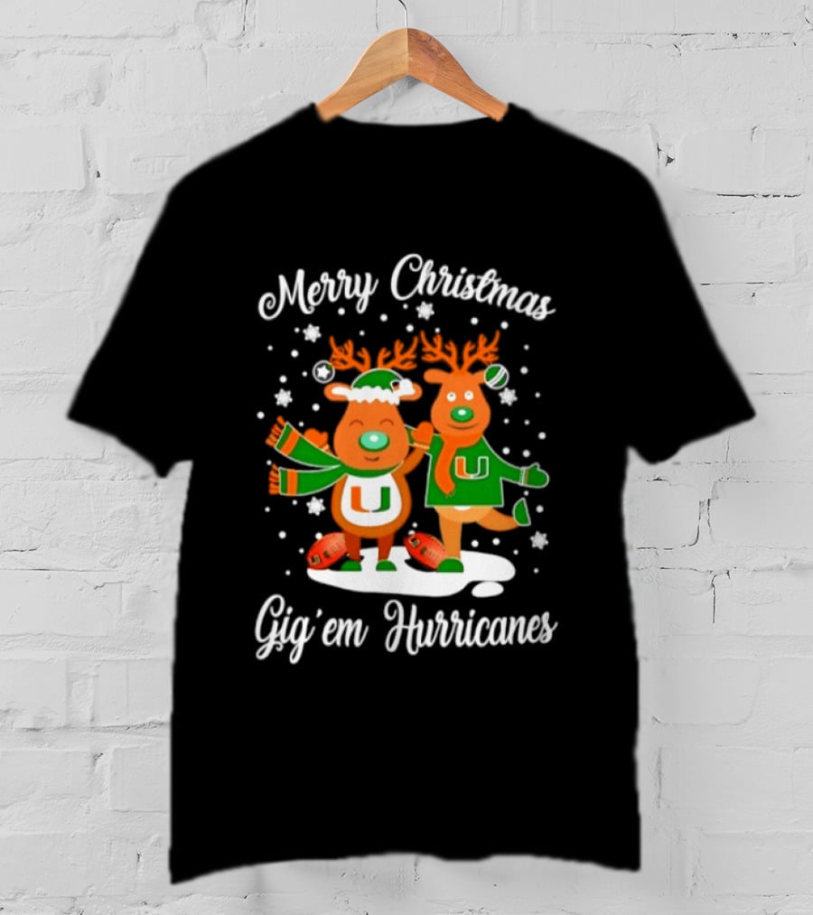 Merry Christmas Gig'em Hurricanes Miami NCAA Football 2026 Reindeer Sports Fan Holiday T-Shirt