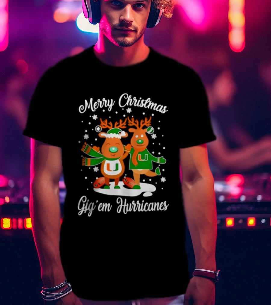 Merry Christmas Gig'em Hurricanes Miami NCAA Football 2026 Reindeer Sports Fan Holiday T-Shirt