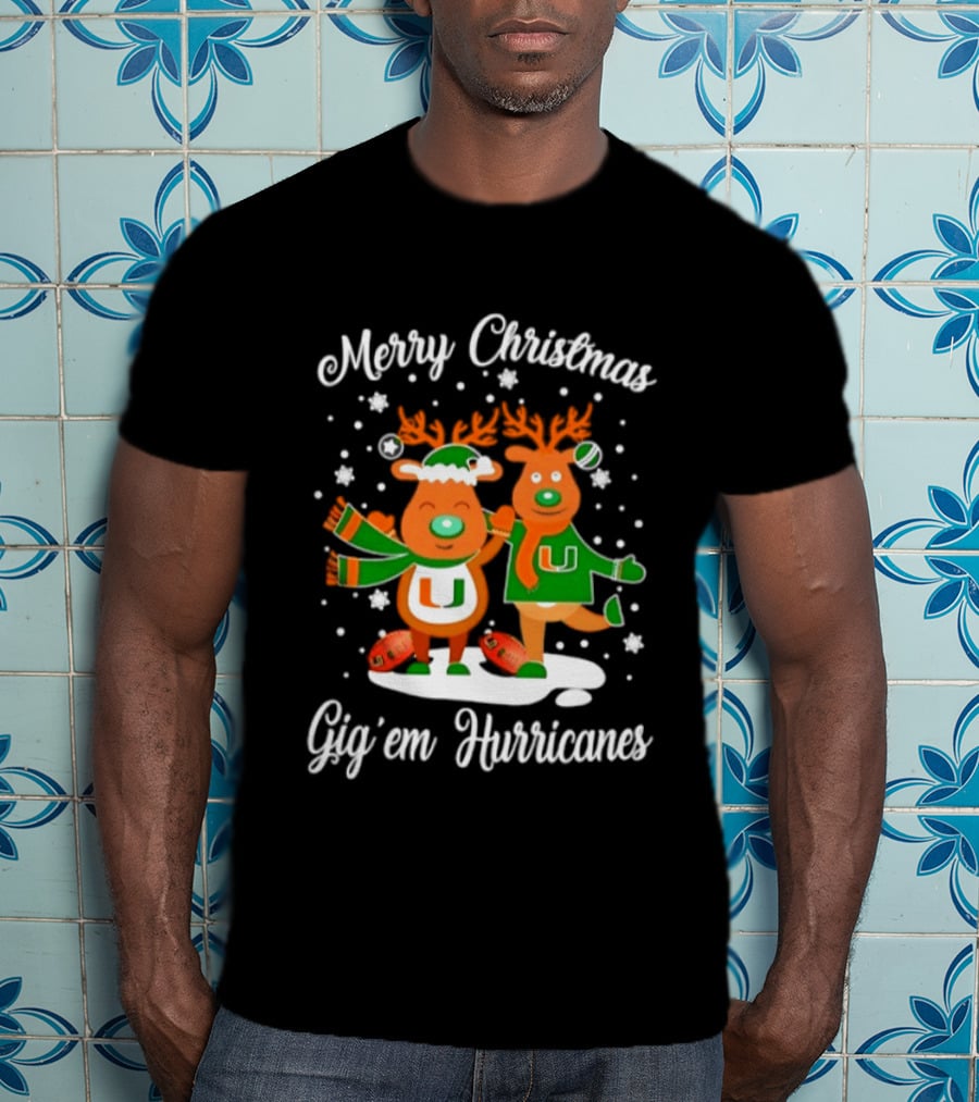 Merry Christmas Gig'em Hurricanes Miami NCAA Football 2026 Reindeer Sports Fan Holiday T-Shirt