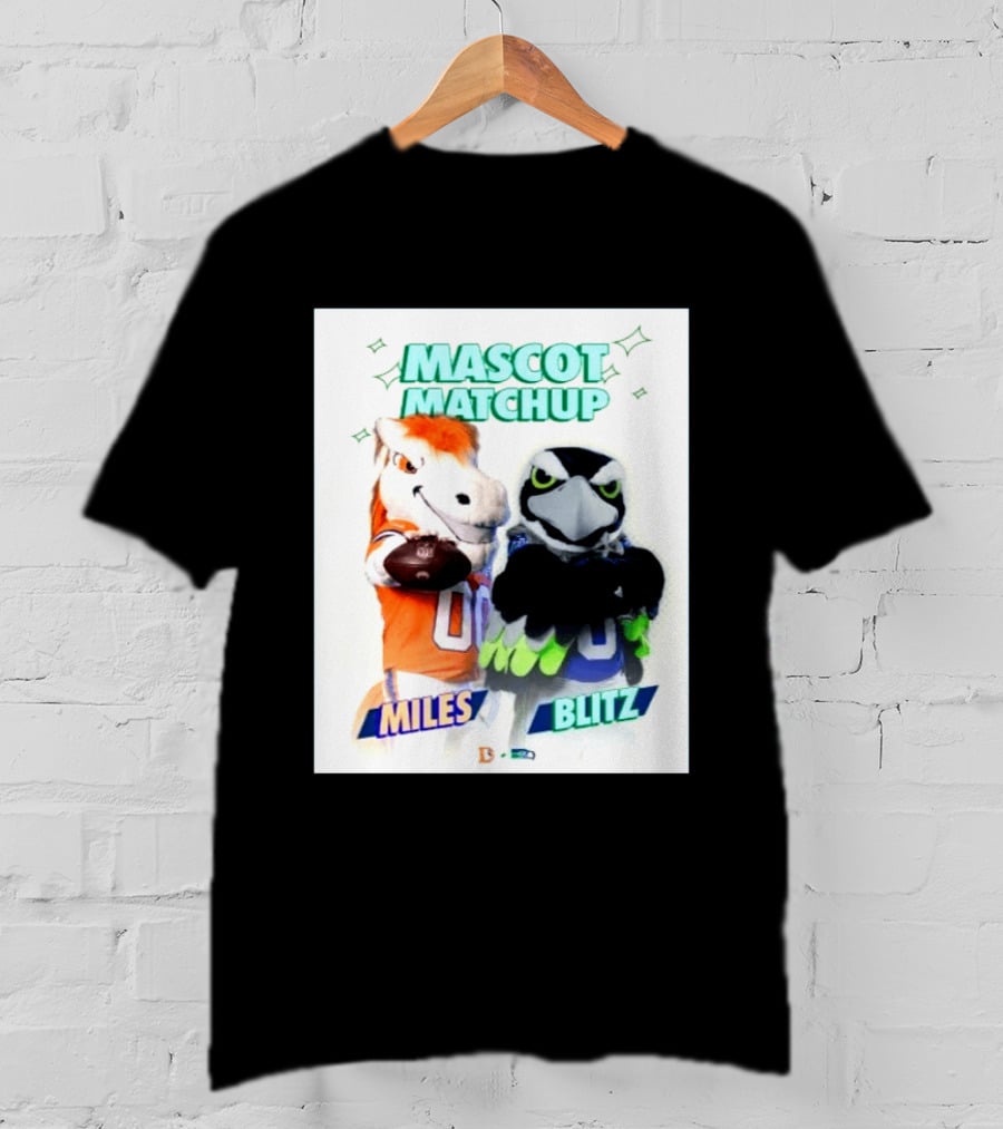 Mascot Matchup Miles Vs Blitz Denver Broncos Seattle Seahawks 2026 T-Shirt