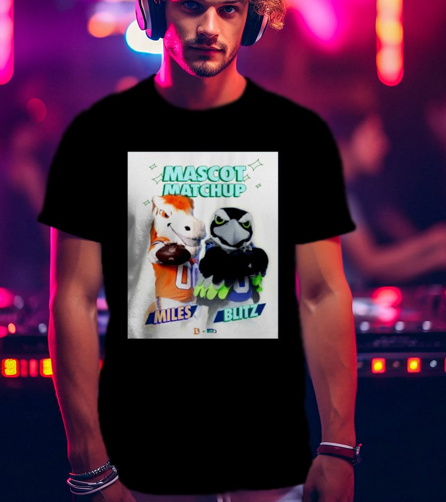 Mascot Matchup Miles Vs Blitz Denver Broncos Seattle Seahawks 2026 T-Shirt
