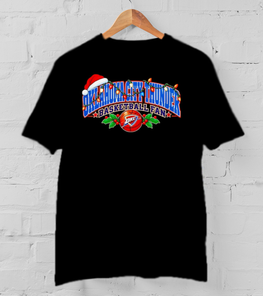 Oklahoma City Thunder Basketball Fan Santa Hat Christmas Lights T-Shirt