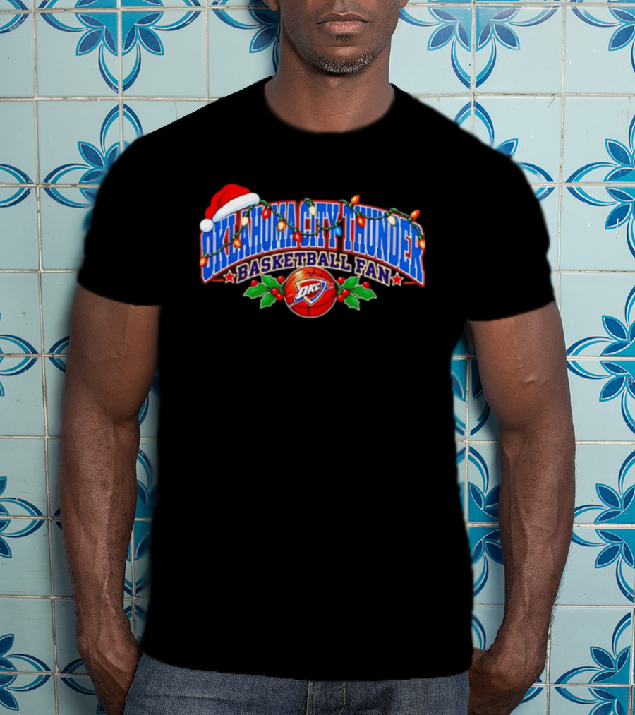 Oklahoma City Thunder Basketball Fan Santa Hat Christmas Lights T-Shirt