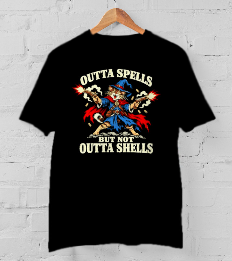 Outta Spells But Not Outta Shells Wizard Cat Pistol T-Shirt