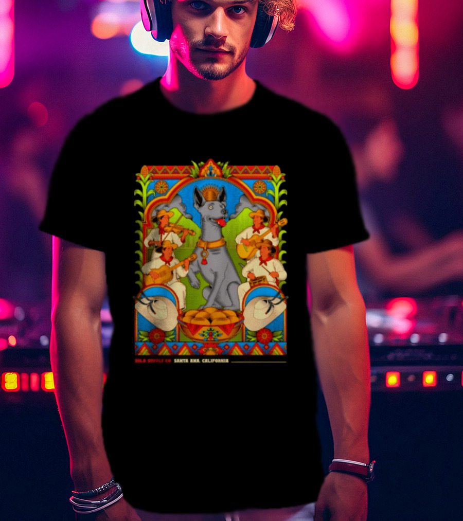 Xolo Supply Co Santa Ana California Xoloitzcuintli Vintage Mexican Art With Musicians And Dog T-Shirt