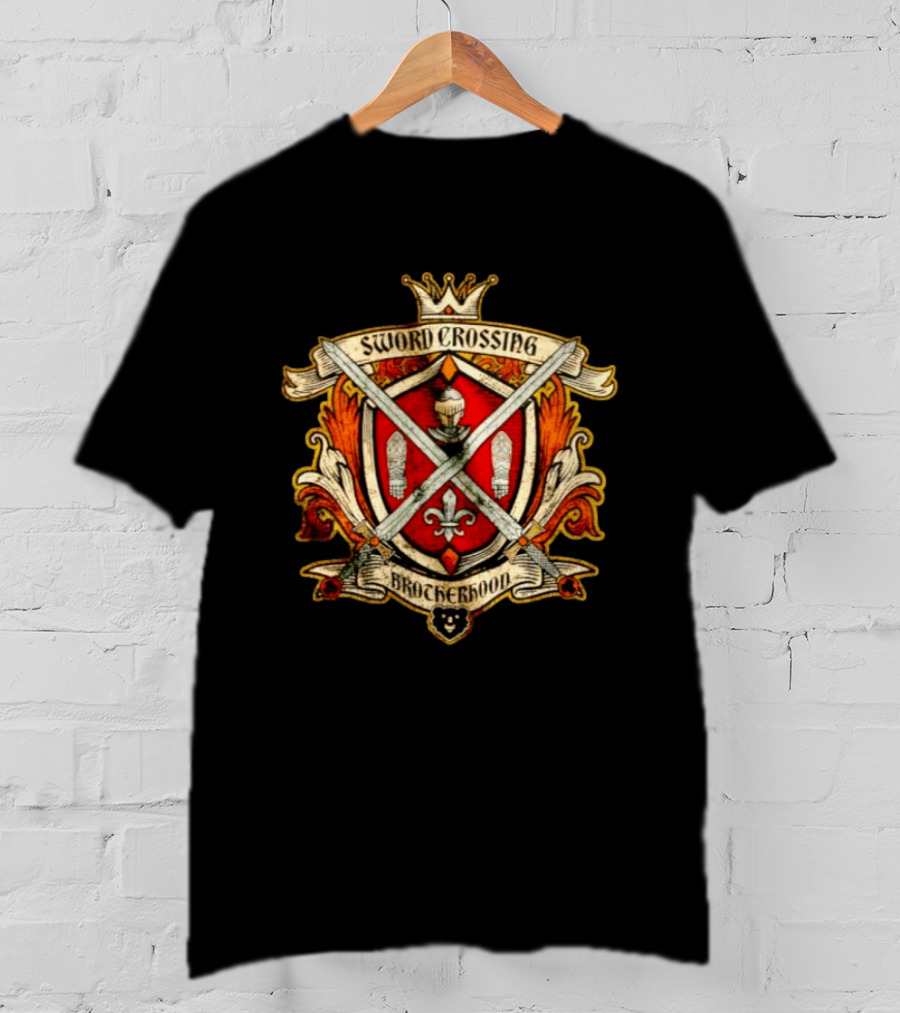 Sword Crossing Brotherhood Medieval Knight Coat Of Arms Crown Fleur De Lis Crest T-Shirt