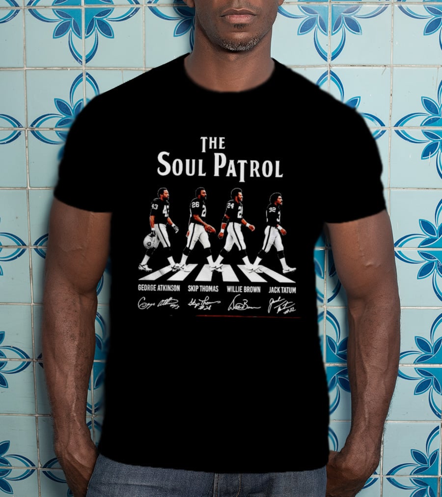 The Soul Patrol Abbey Road Signatures George Atkinson Skip Thomas Willie Brown Jack Tatum Oakland Raiders Football T-Shirt