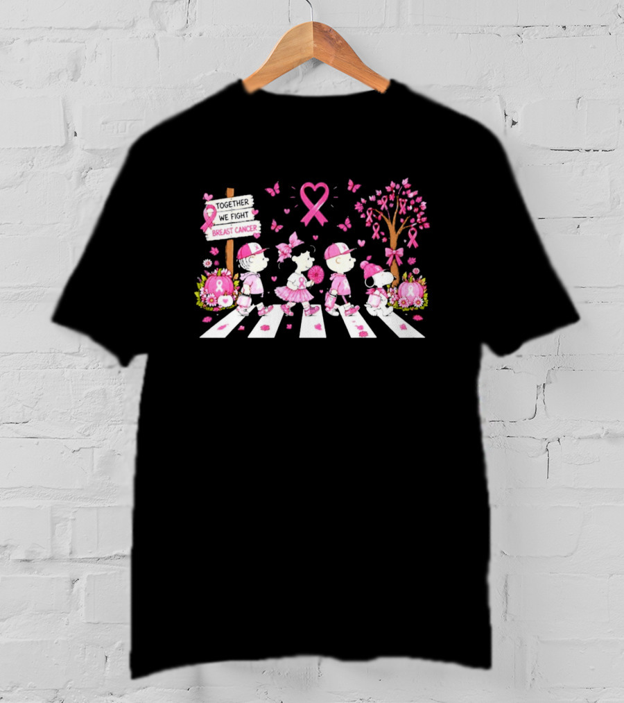 Together We Fight Breast Cancer Peanuts Characters Abbey Road Pink Ribbon Butterflies T-Shirt