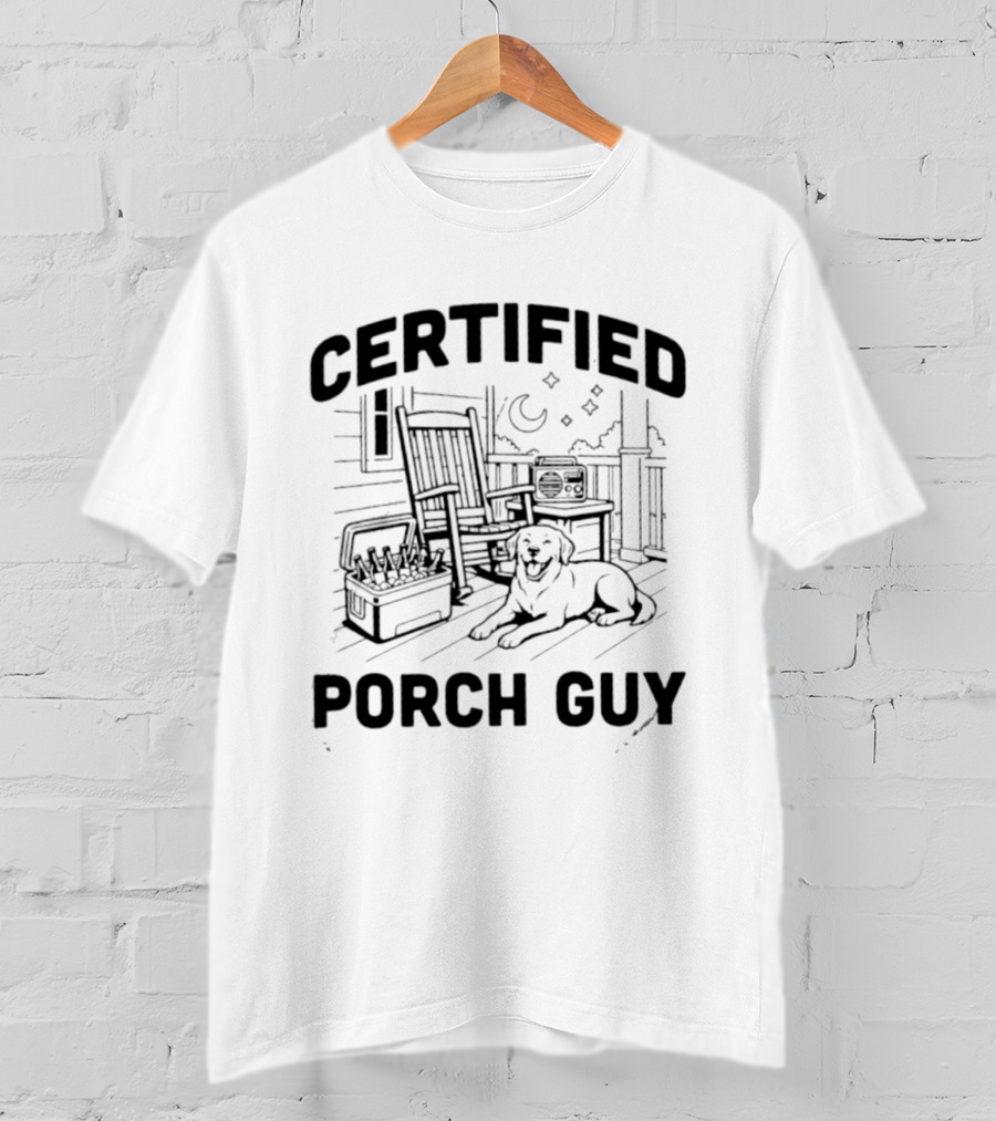 Certified Porch Guy Rocking Chair Dog Lover Night Scene T-Shirt
