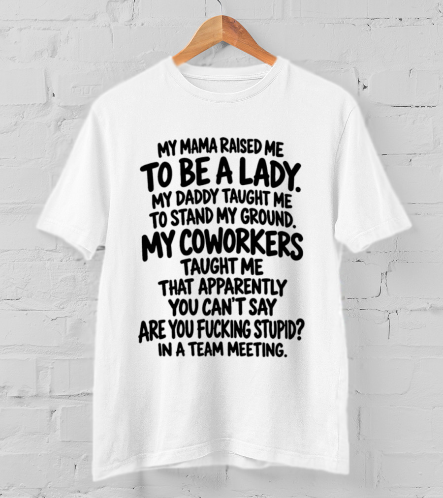 My Mama Raised Me To Be A Lady My Daddy Taught Me To Stand My Ground My Coworkers Taught Me You Can't Say Are You Stupid In A Team Meeting T-Shirt