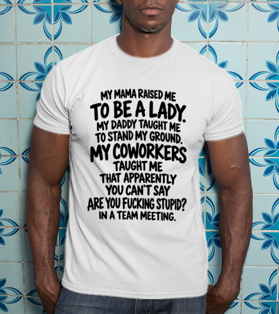My Mama Raised Me To Be A Lady My Daddy Taught Me To Stand My Ground My Coworkers Taught Me You Can't Say Are You Stupid In A Team Meeting T-Shirt