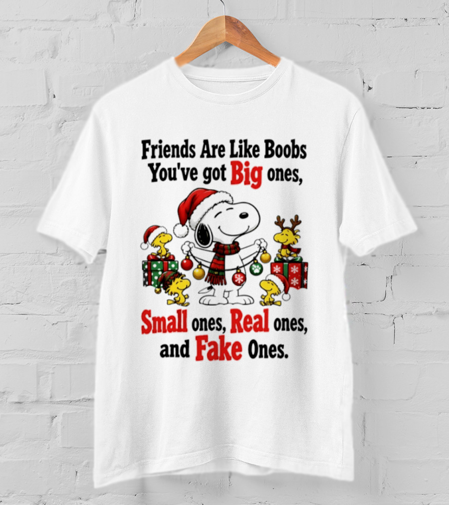 Friends Are Like Boobs You've Got Big Ones Small Ones Real Ones Fake Ones Snoopy Woodstock Christmas T-Shirt