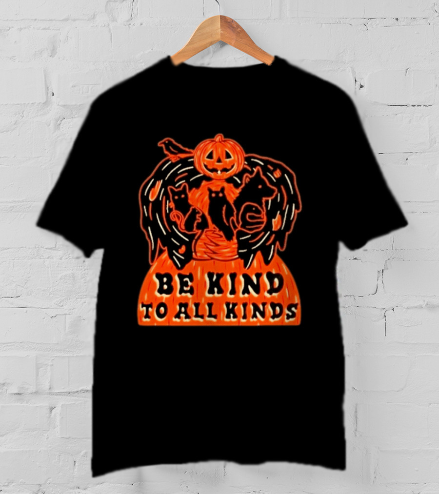 Be Kind To All Kinds Halloween 2026 Pumpkin Animals With Cats And Crow T-Shirt