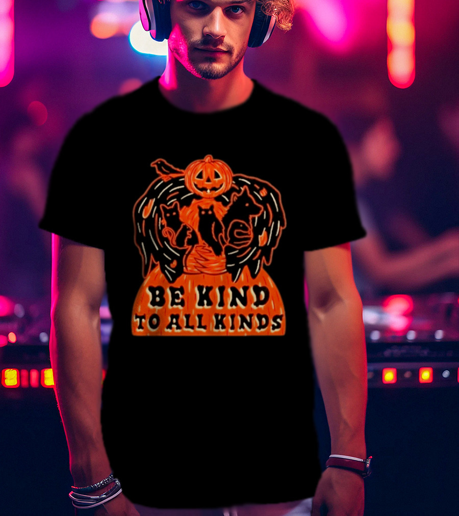 Be Kind To All Kinds Halloween 2026 Pumpkin Animals With Cats And Crow T-Shirt