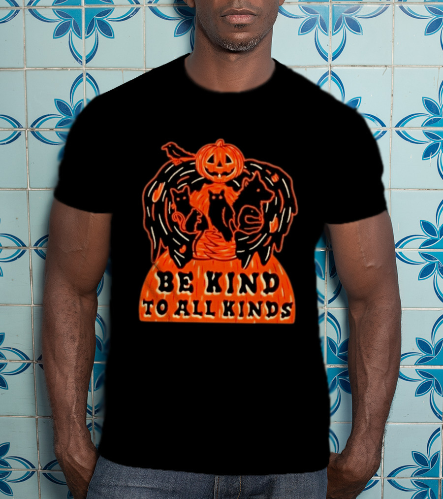 Be Kind To All Kinds Halloween 2026 Pumpkin Animals With Cats And Crow T-Shirt