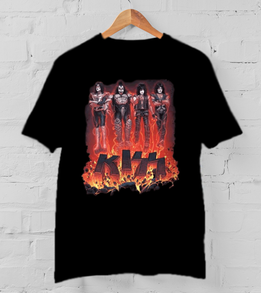 Kiss Halloween 2026 Conjuring Flames Band Members Standing Above Fire T-Shirt
