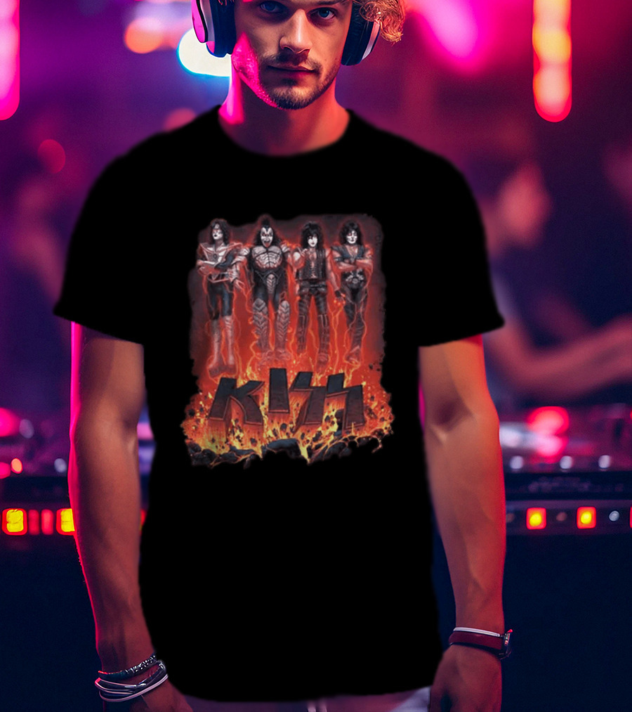 Kiss Halloween 2026 Conjuring Flames Band Members Standing Above Fire T-Shirt