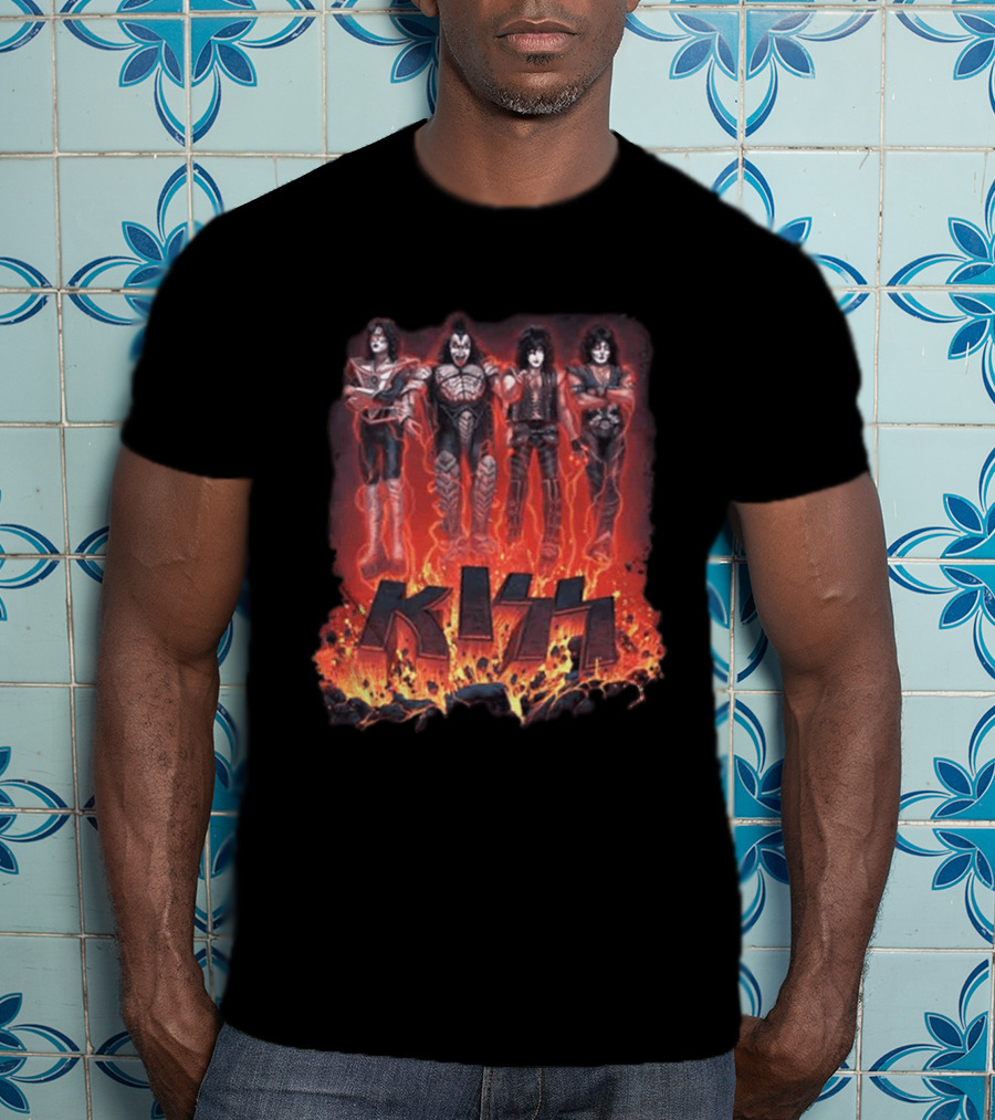 Kiss Halloween 2026 Conjuring Flames Band Members Standing Above Fire T-Shirt