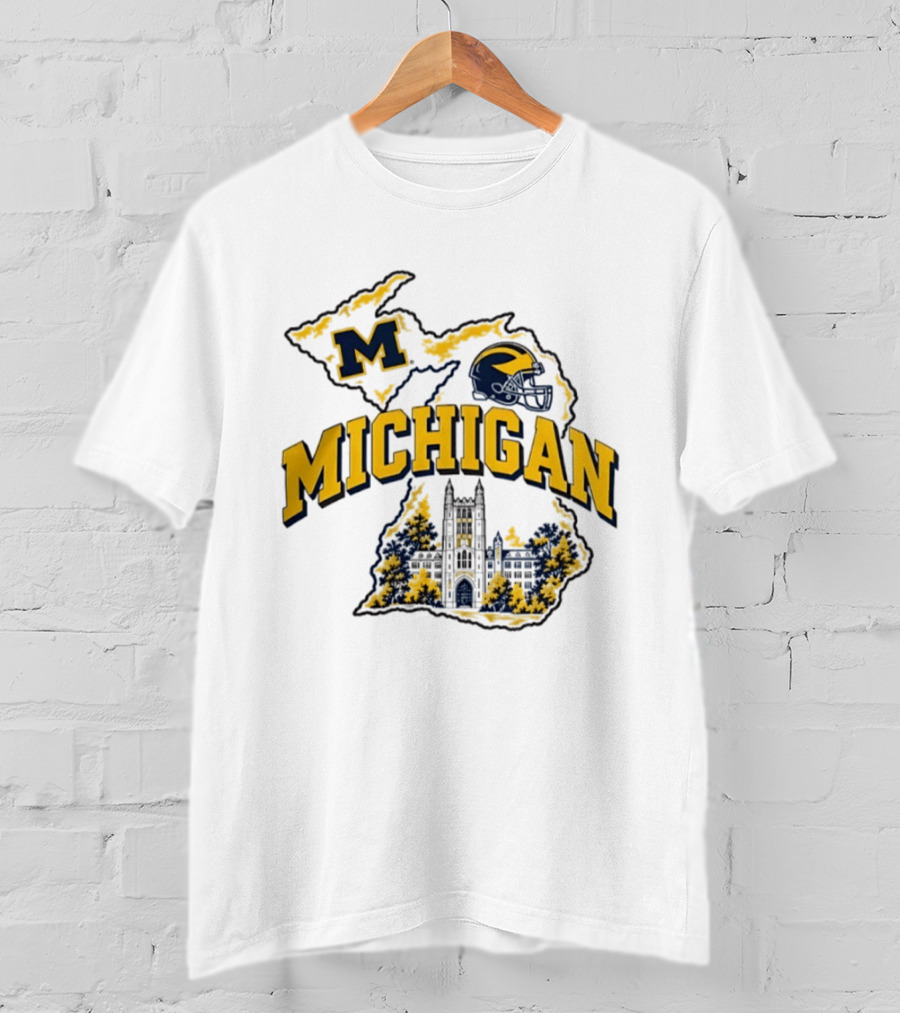 Michigan Wolverines NCAA Football Helmet Map And Building T-Shirt