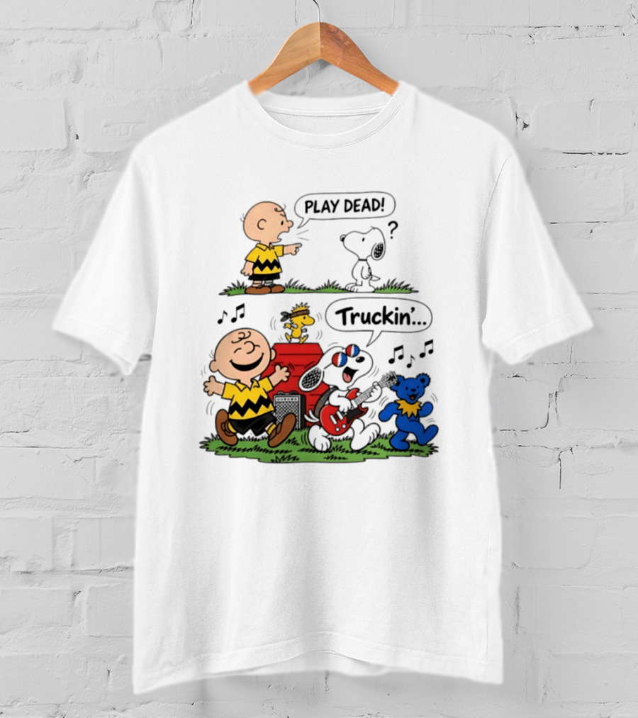 Peanuts Characters Play Dead And Truckin' With Grateful Dead Dancing Bear T-Shirt