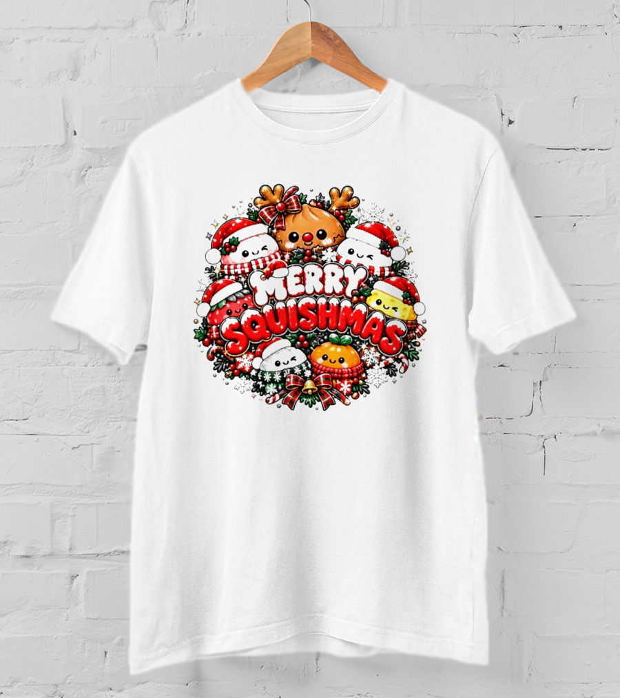 Merry Squishmas Cute Festive Characters Santa Hats Holiday Cheer Reindeer Red Green Berries T-Shirt