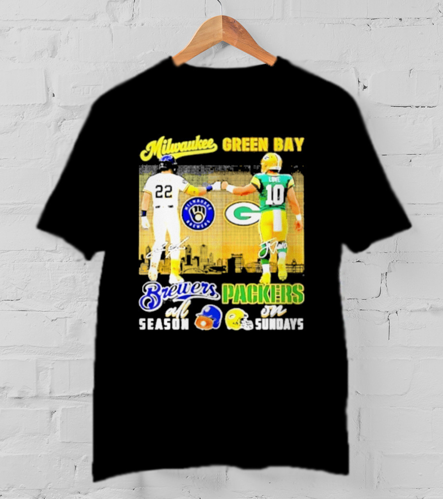 Milwaukee Brewers Green Bay Packers All Season Sundays Players Signatures T-Shirt