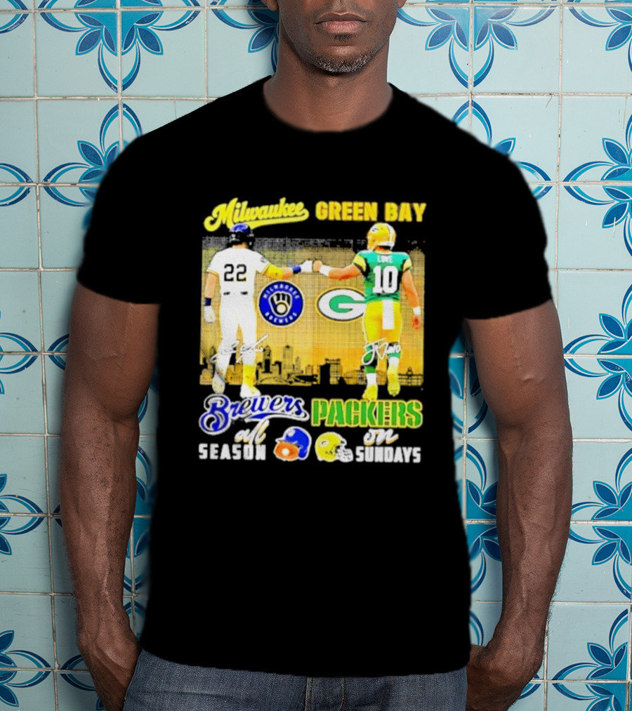 Milwaukee Brewers Green Bay Packers All Season Sundays Players Signatures T-Shirt
