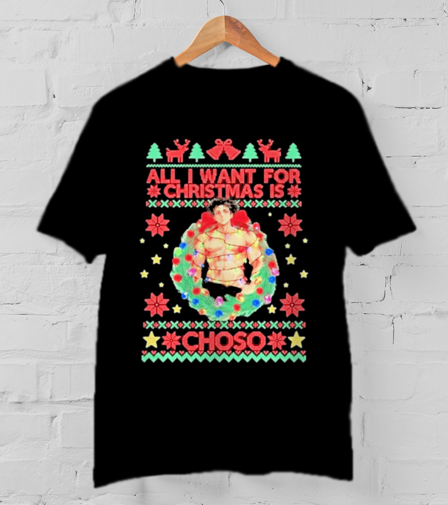 All I Want For Christmas Is Choso Anime Character Wreath Reindeer Festive T-Shirt