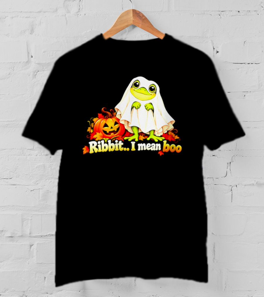 Ribbit I Mean Boo Halloween Frog In Ghost Costume With Pumpkin T-Shirt