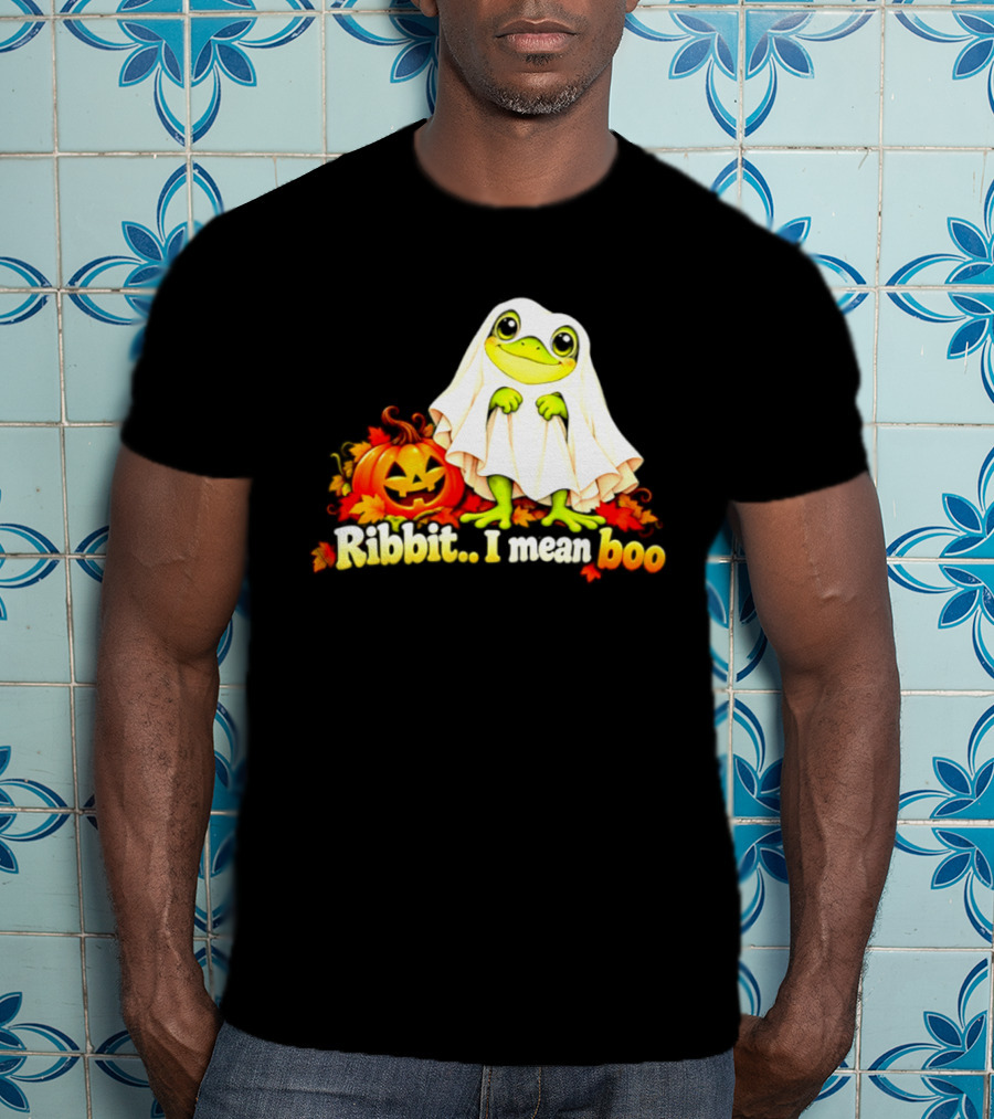 Ribbit I Mean Boo Halloween Frog In Ghost Costume With Pumpkin T-Shirt