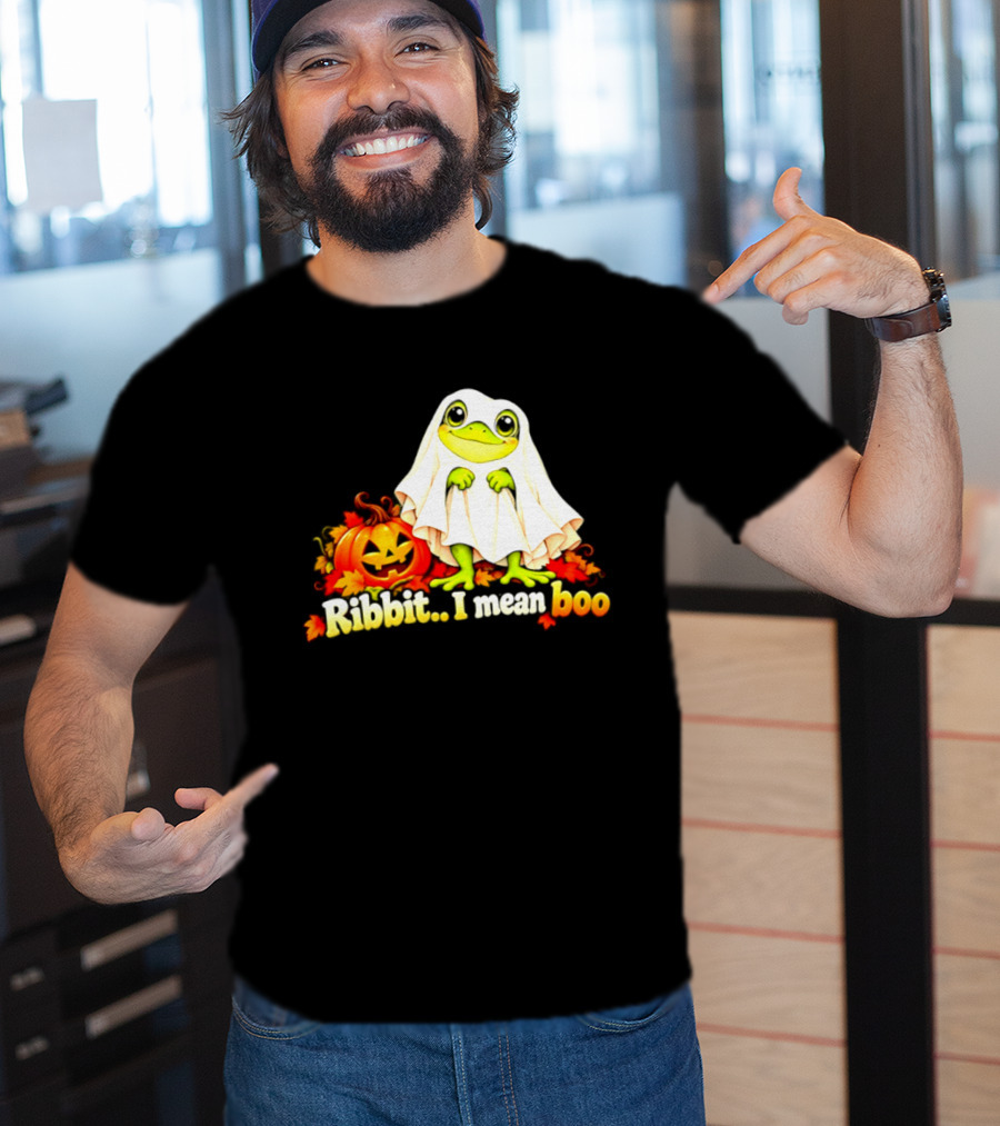 Ribbit I Mean Boo Halloween Frog In Ghost Costume With Pumpkin T-Shirt