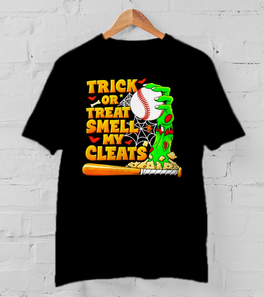 Trick Or Treat Smell My Cleats Zombie Hand Baseball Bat Halloween T-Shirt