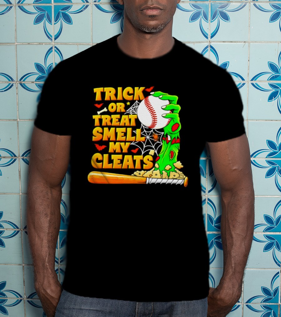 Trick Or Treat Smell My Cleats Zombie Hand Baseball Bat Halloween T-Shirt