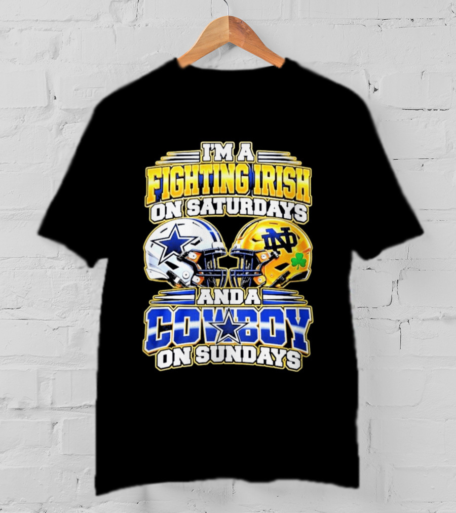 I'm A Fighting Irish On Saturdays And A Cowboy On Sundays Football Helmet Star Clover T-Shirt